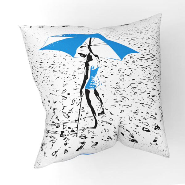 Custom throw pillow with a graphic of a woman planting an umbrella into the sand at the beach.