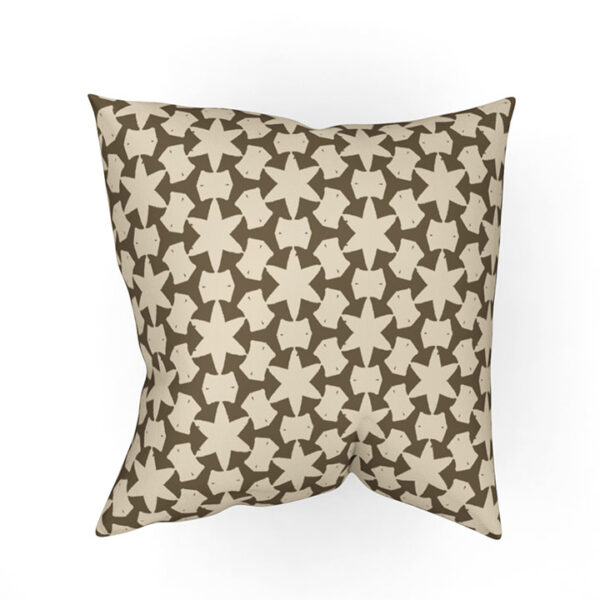 A throw pillow featuring an olive drag star and circle pattern.